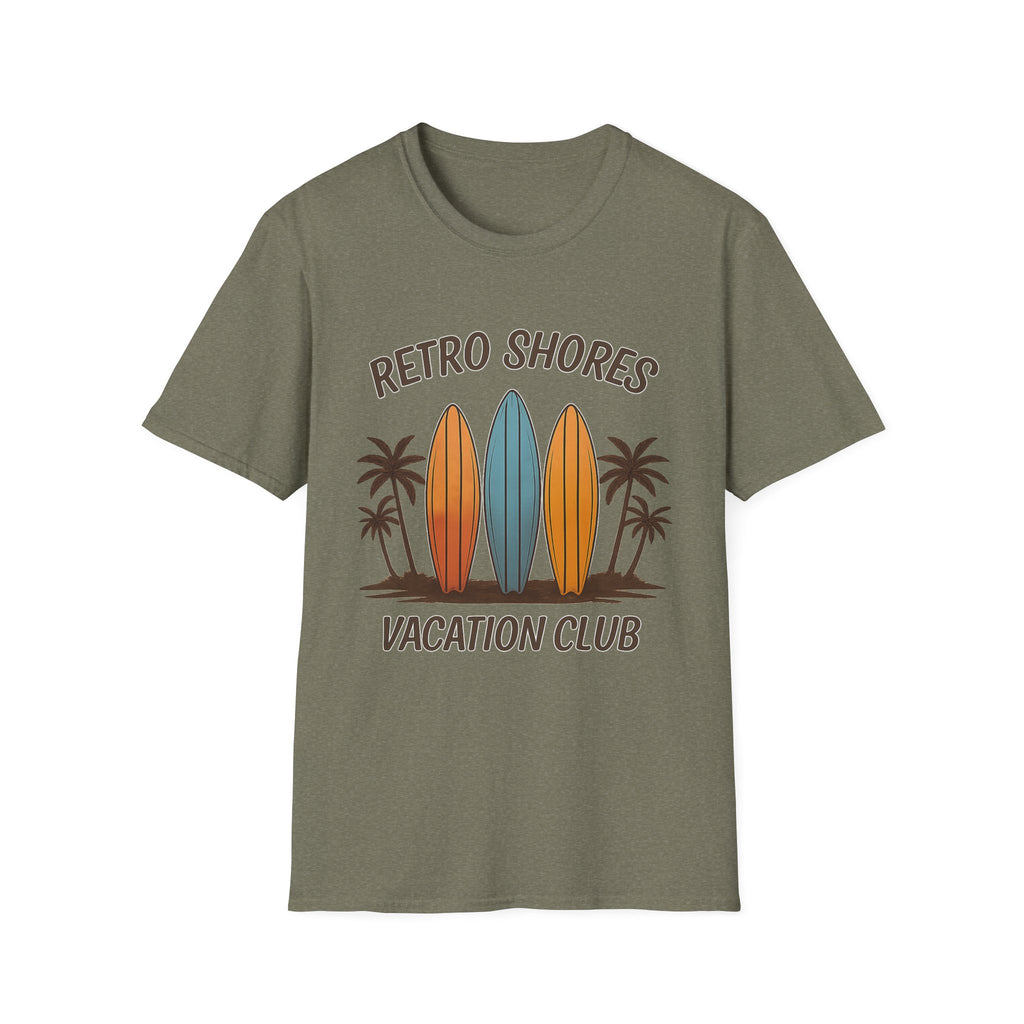 Retro Shores Vacation Club T-Shirt — Vintage Surfboard