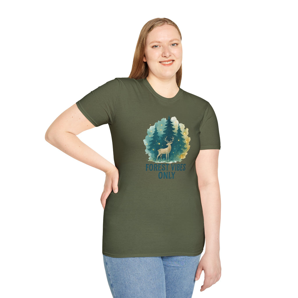 Forest Vibes Only T-Shirt — Watercolour Deer & Pine Trees