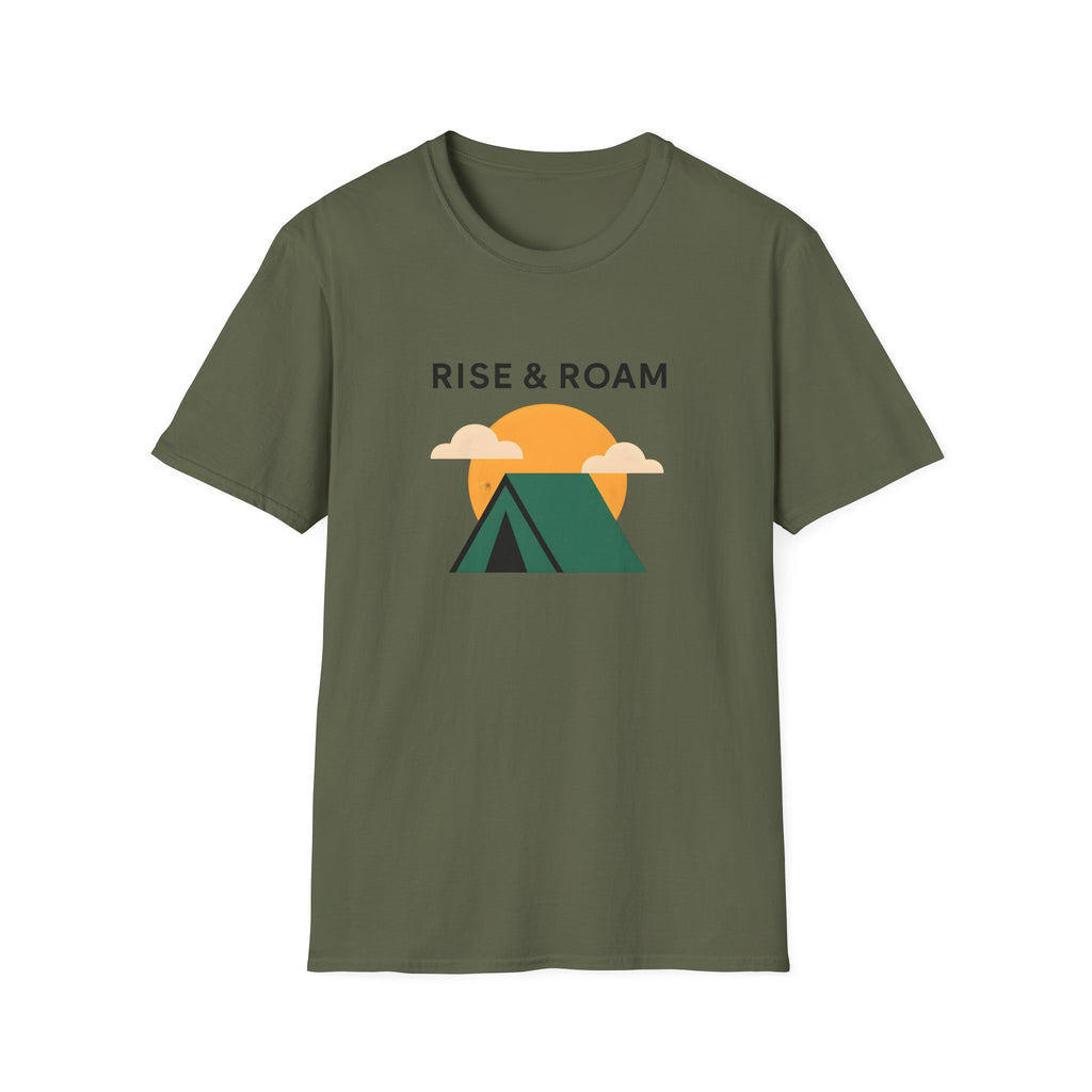 Rise & Roam Camping T-Shirt — Vintage Sunrise Tent Graphic