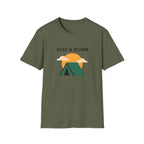 Rise & Roam Camping T-Shirt — Vintage Sunrise Tent Graphic