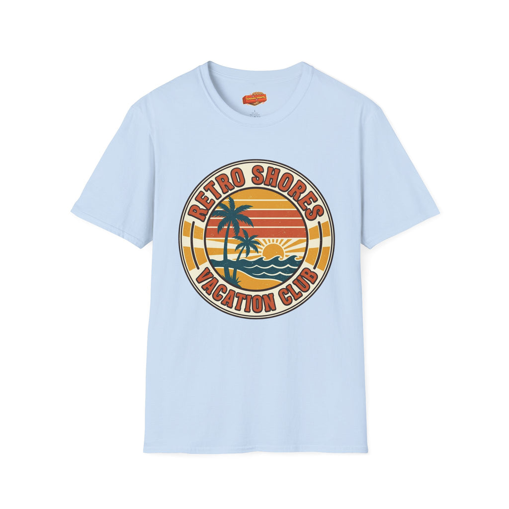 Retro Shores Vacation Club T-Shirt — Vintage Palm Sunset Badge