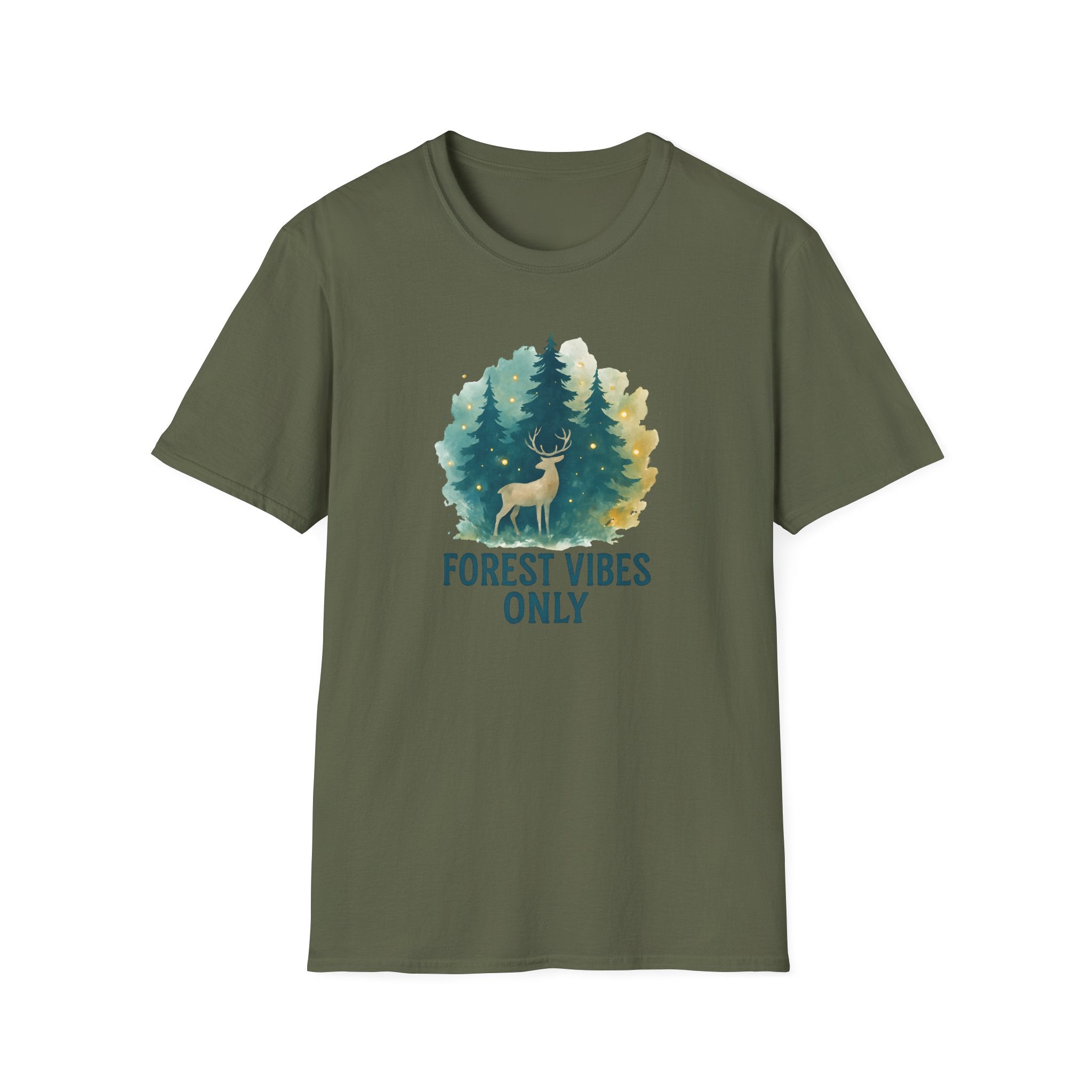 Forest Vibes Only T-Shirt — Watercolour Deer & Pine Trees