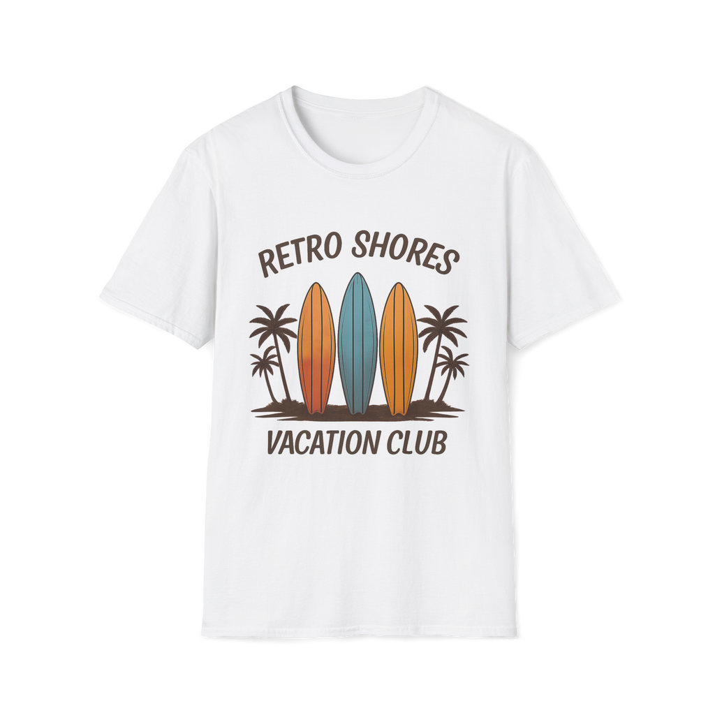 Retro Shores Vacation Club T-Shirt — Vintage Surfboard