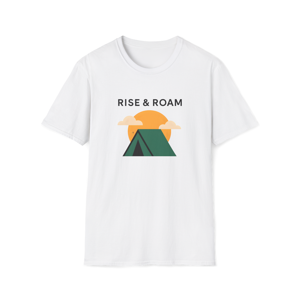 Rise & Roam Camping T-Shirt — Vintage Sunrise Tent Graphic