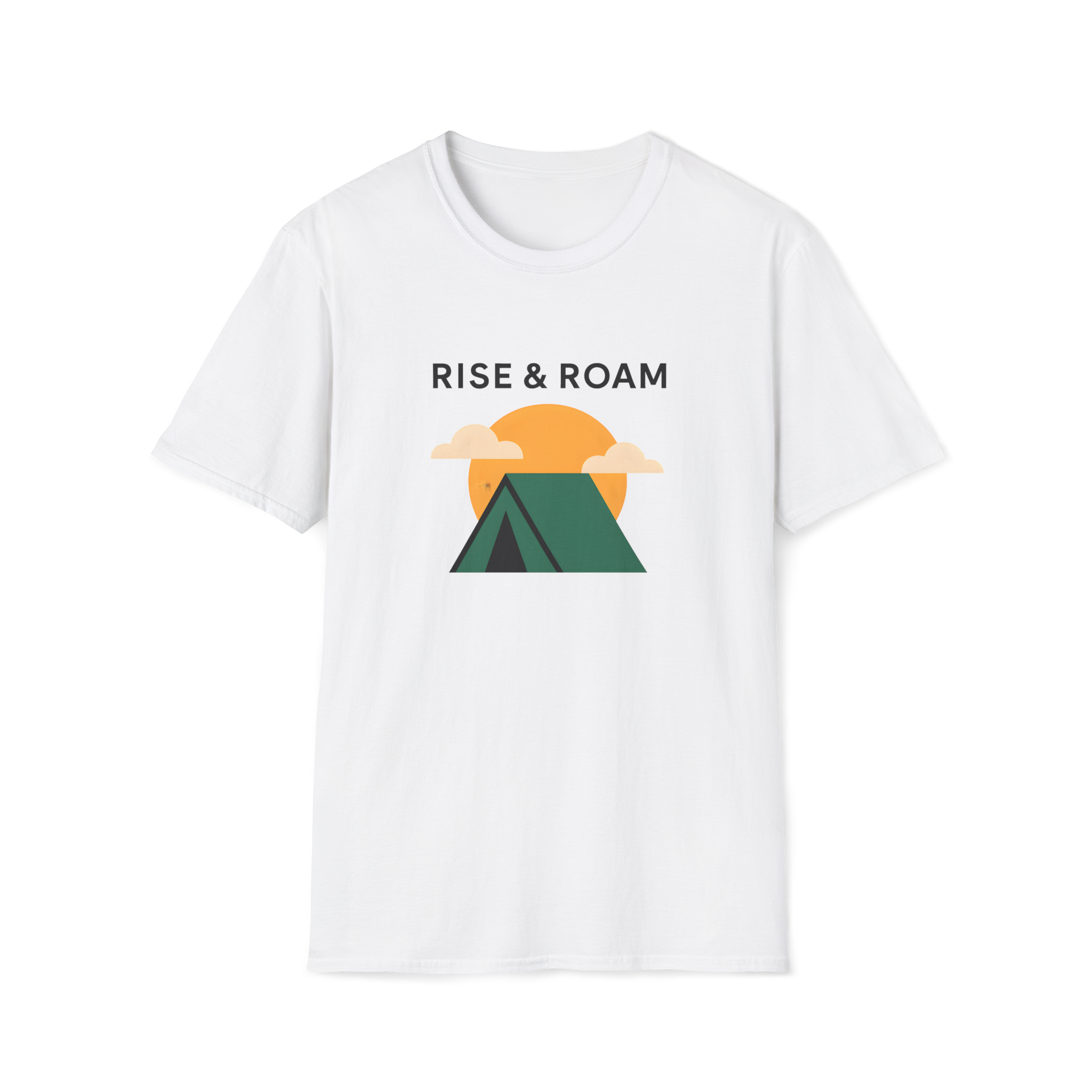 Rise & Roam Camping T-Shirt — Vintage Sunrise Tent Graphic