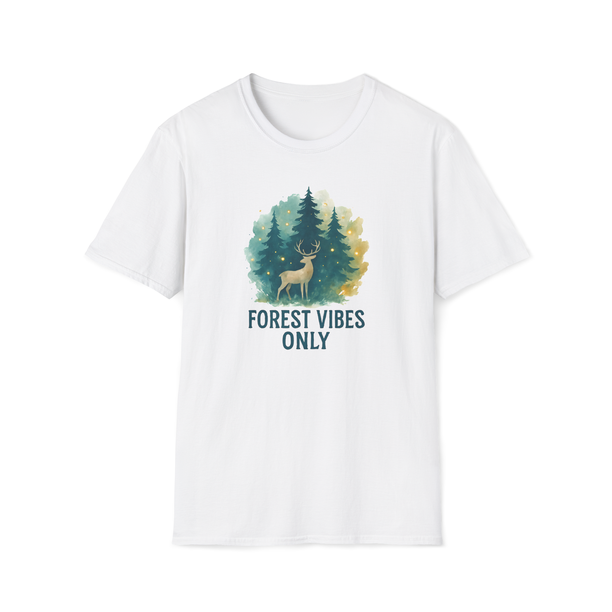 Forest Vibes Only T-Shirt — Watercolour Deer & Pine Trees