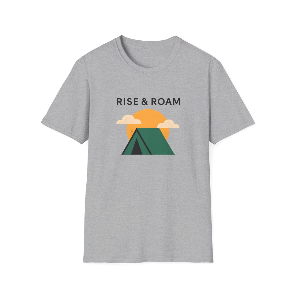 Rise & Roam Camping T-Shirt — Vintage Sunrise Tent Graphic