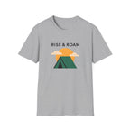 Rise & Roam Camping T-Shirt — Vintage Sunrise Tent Graphic