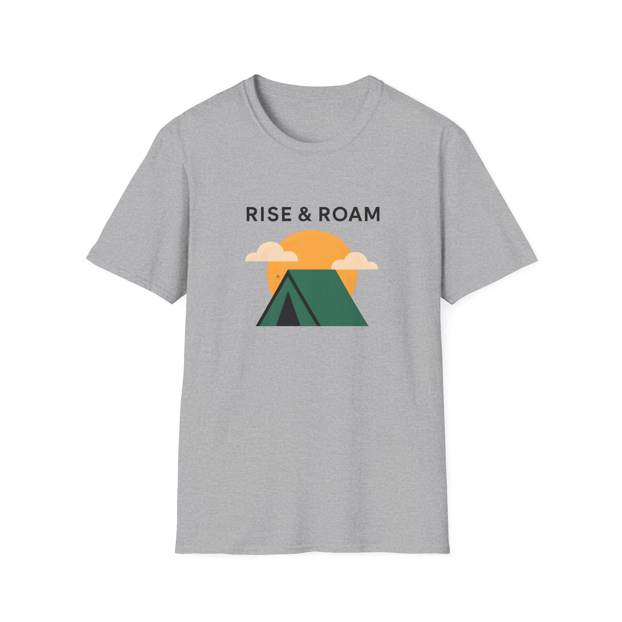 Rise & Roam Camping T-Shirt — Vintage Sunrise Tent Graphic
