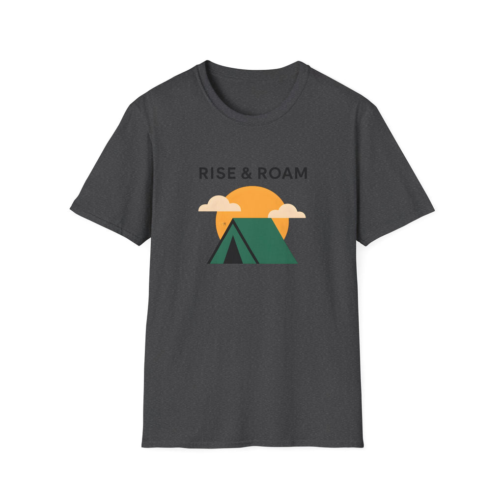 Rise & Roam Camping T-Shirt — Vintage Sunrise Tent Graphic