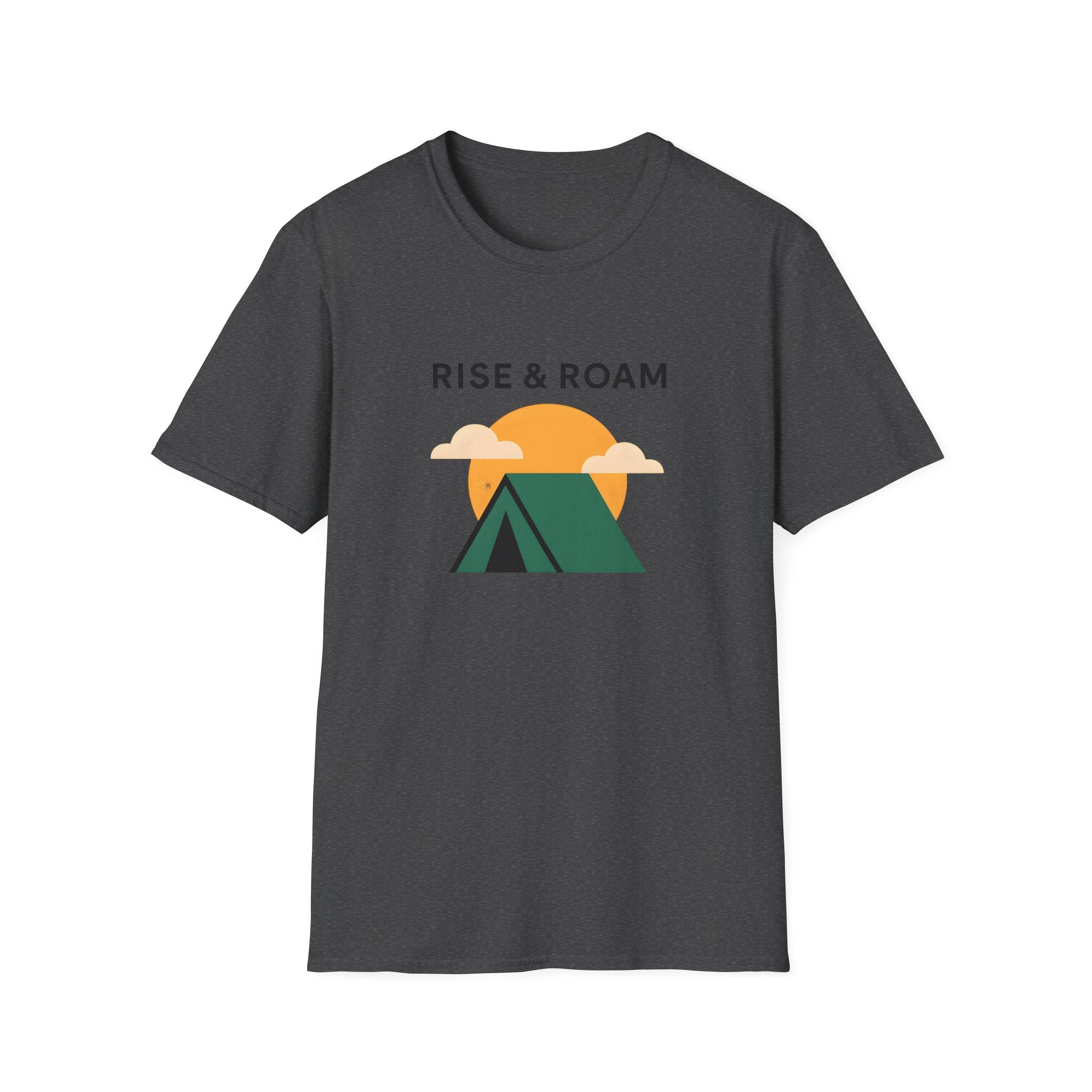 Rise & Roam Camping T-Shirt — Vintage Sunrise Tent Graphic