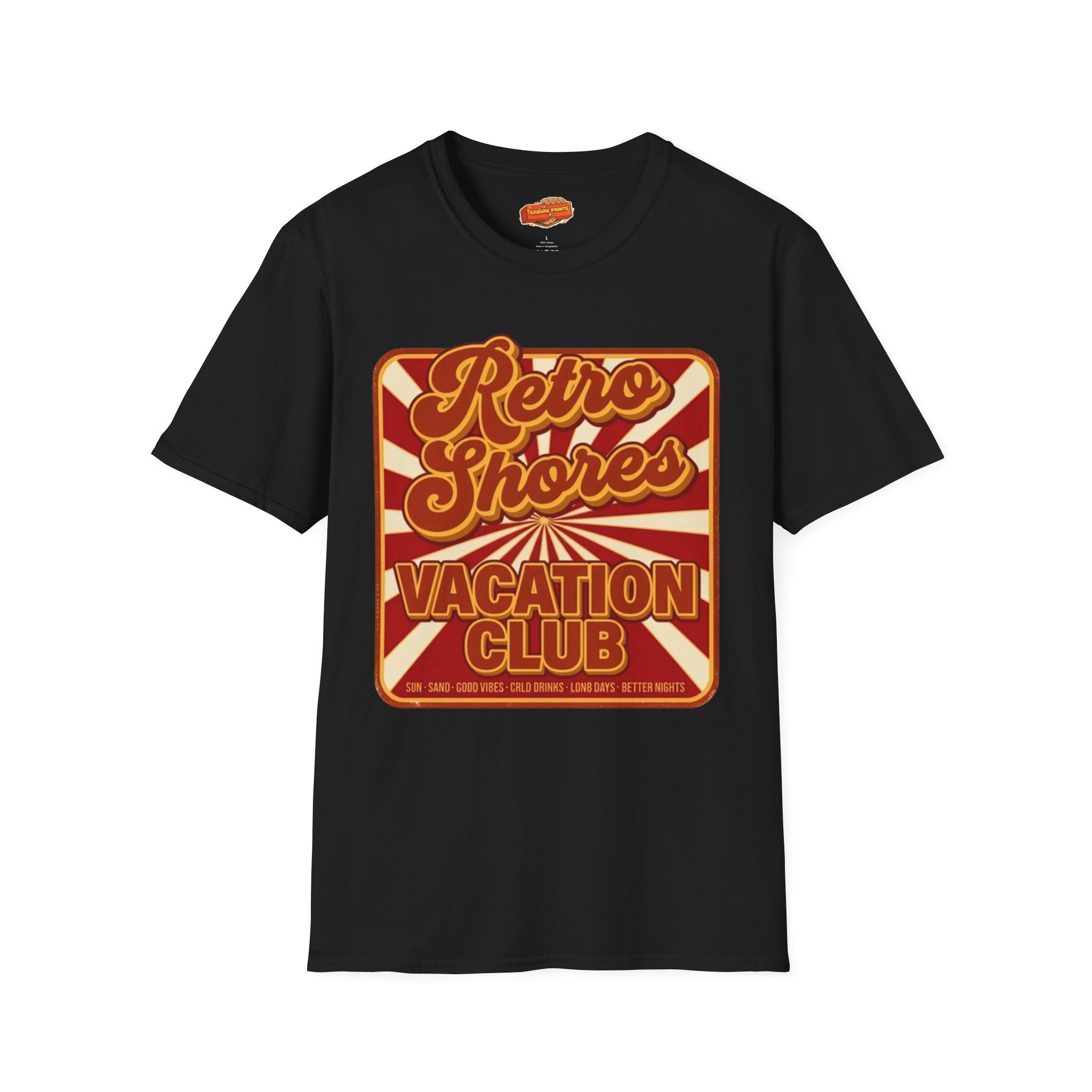 Retro Shores Vacation Club T-Shirt — Vintage Sunburst Badge