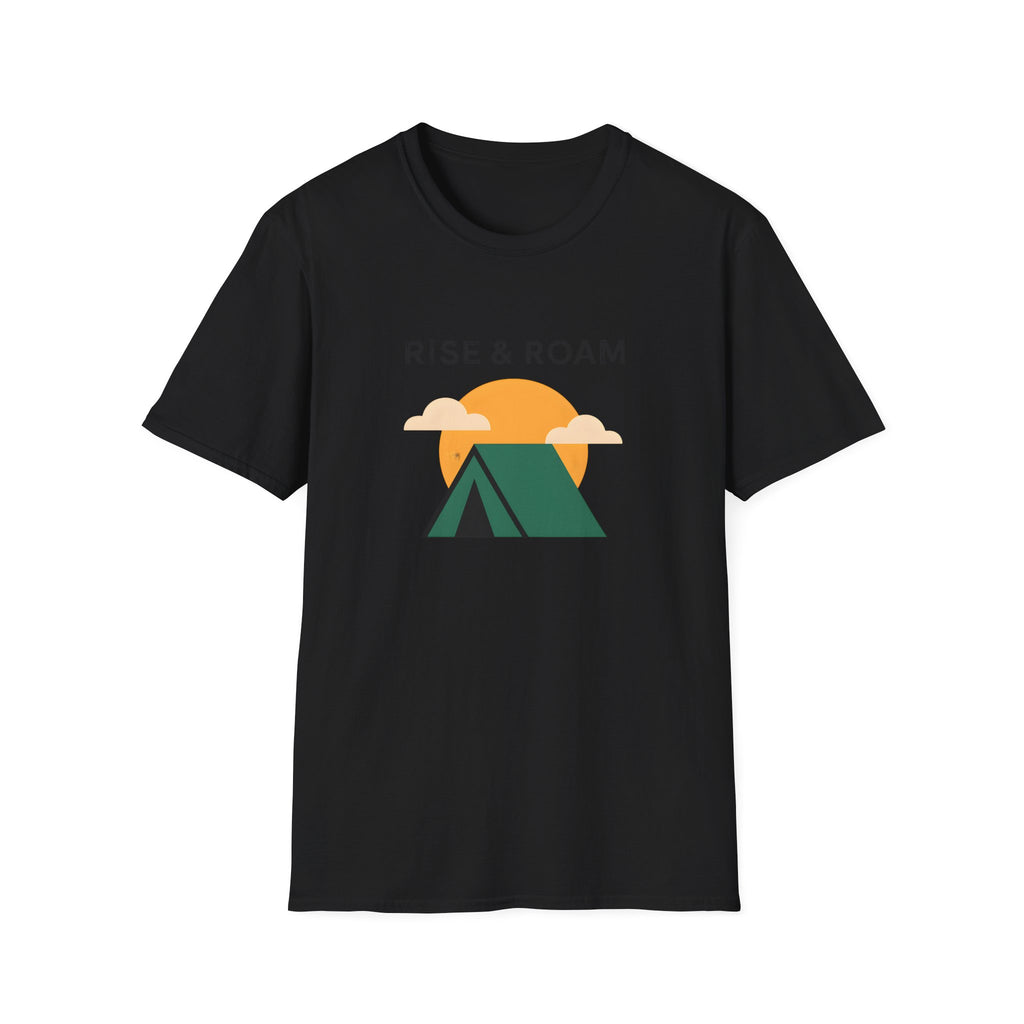 Rise & Roam Camping T-Shirt — Vintage Sunrise Tent Graphic