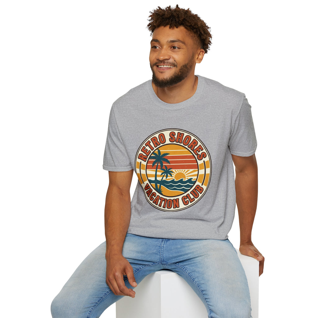 Retro Shores Vacation Club T-Shirt — Vintage Palm Sunset Badge